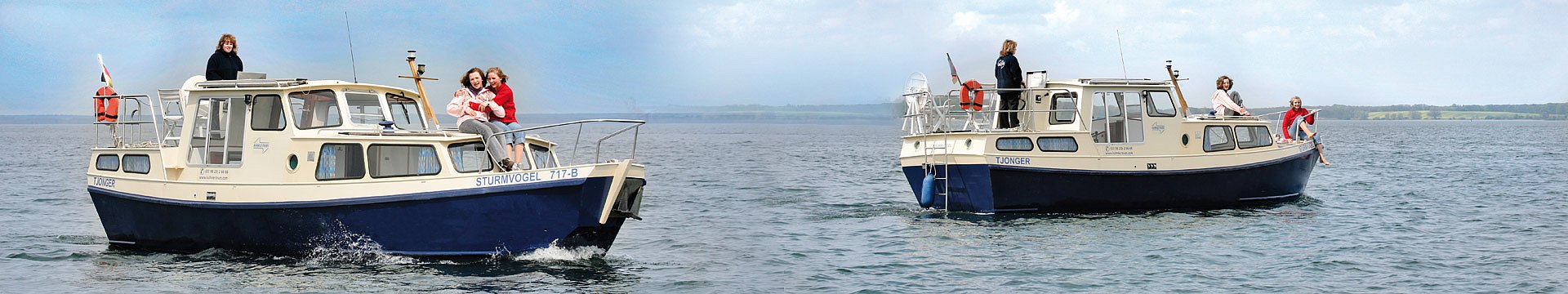 Zwei Hausboote der Marke Tjonger kreuzen sich auf einem See.