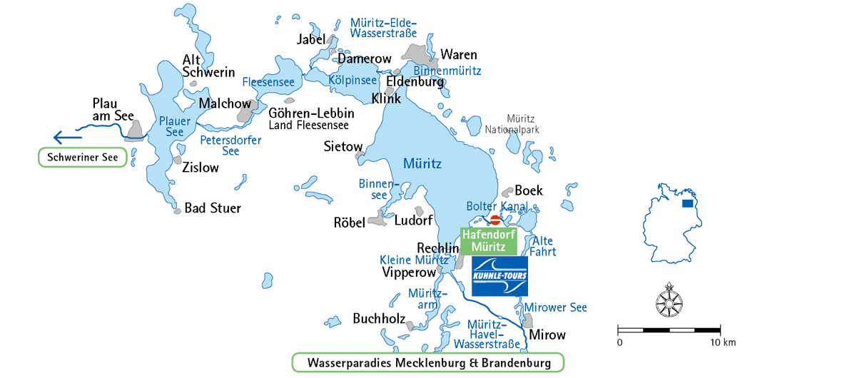 Karte der Mecklenburgischen Seenplatte - für Hausbooturlaub